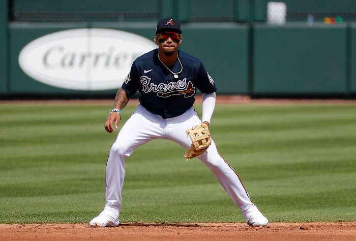 Atlanta Braves infielder Johan Camargo plays shortstop during spring training at CoolToday Park. (2021)